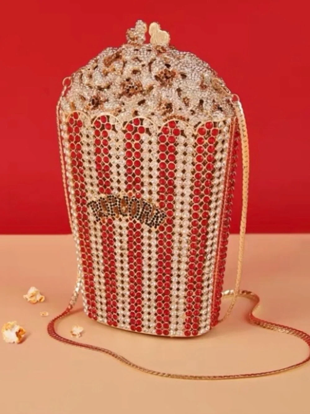 Crystal Popcorn Clutch with Matching Earrings - Red & Gold and Brooch 3 pc set
